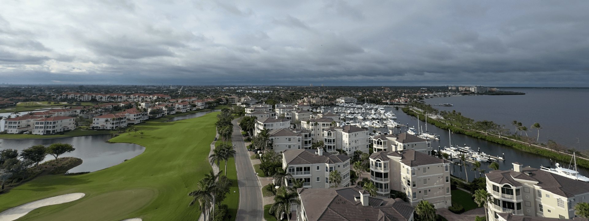 Aerial view of a Gulf Coast waterfront neighborhood